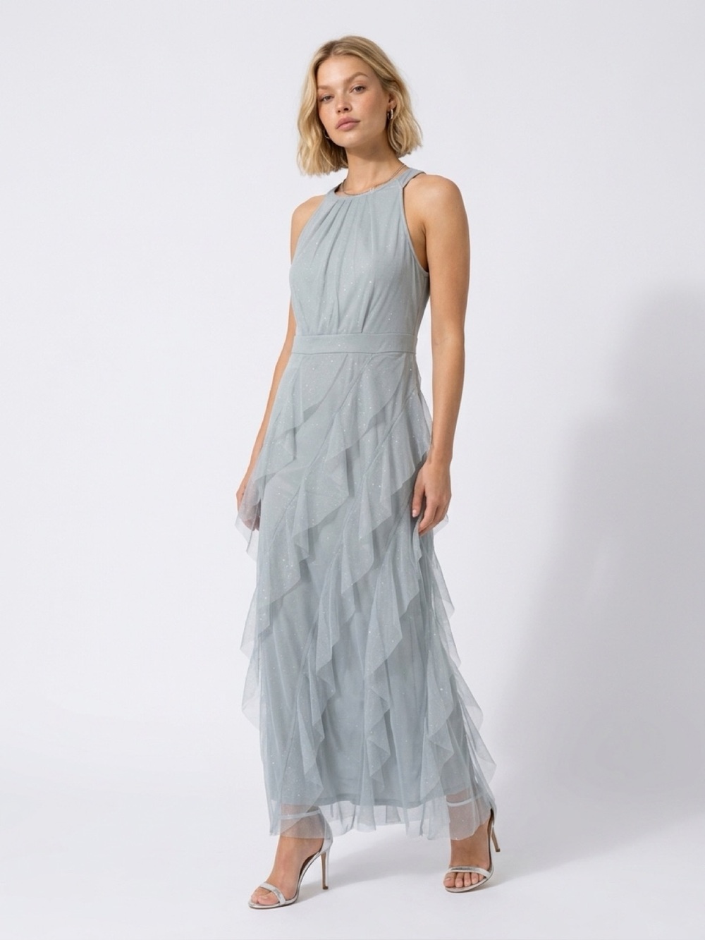 Lovely Grace Shimmer Sleeveless Dress Womens Large Silver Glittery Tulle Large